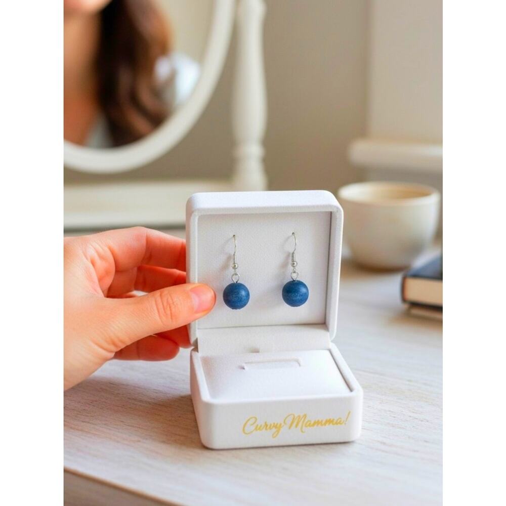 Boho Denim Blue Round Wooden Bead Drop Earrings